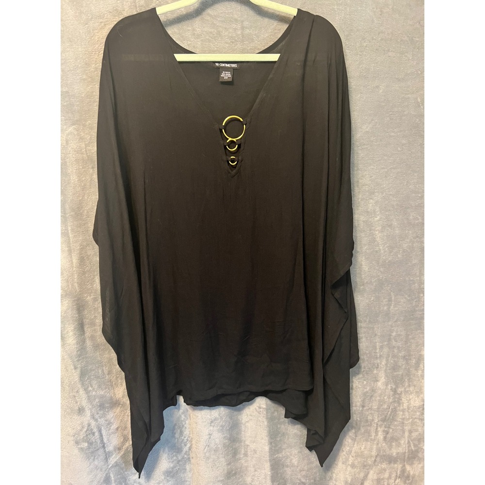 18 Centimeters Black Rayon Poncho Top 2X Gold Ring Boho Caftan Blouse